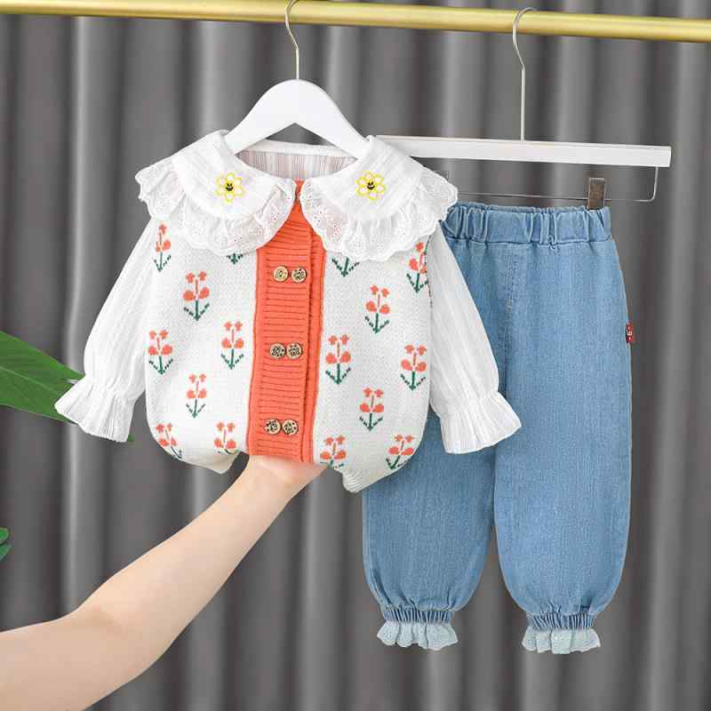 ベビー服 女の子 春秋 韓国ファッション かわいい おしゃれ 総柄 花柄 ロングパンツ 長袖 セットアップ コットン デイリーウェア カジュアル 3点セット