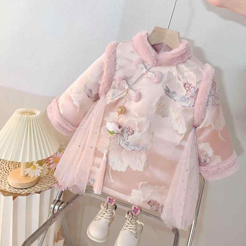 ドレス 女の子 ベビー 1歳 秋冬 厚手 プリンセスドレス 誕生日 セレモニー かわいい おしゃれ 上品 華やか フォーマル ピンク 綿 コットン