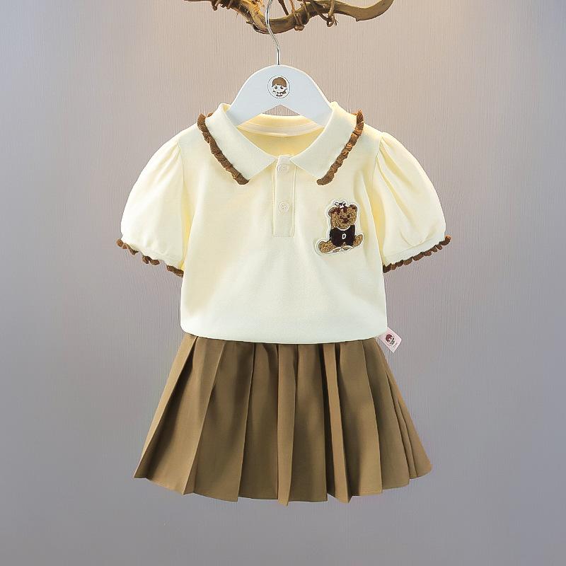 キッズ 女の子 ポロシャツ 半袖 トップス ショートスカート セットアップ 綿 無地 カジュアル 普段使い 春夏 薄手 ガールズ 幼児