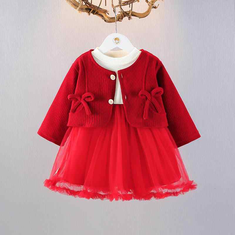 ワンピース 女の子 ベビー キッズ 長袖 2点セット 春秋 コットン かわいい プリンセスドレス ふんわり チュールスカート お出かけ 普段使い レッド