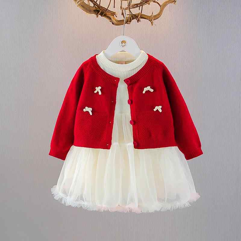 ワンピース 女の子 ベビー キッズ ニット カーディガン 長袖 プリンセス フォーマル お出かけ 上品 綿 コットン 赤 レッド 春秋 2点セット