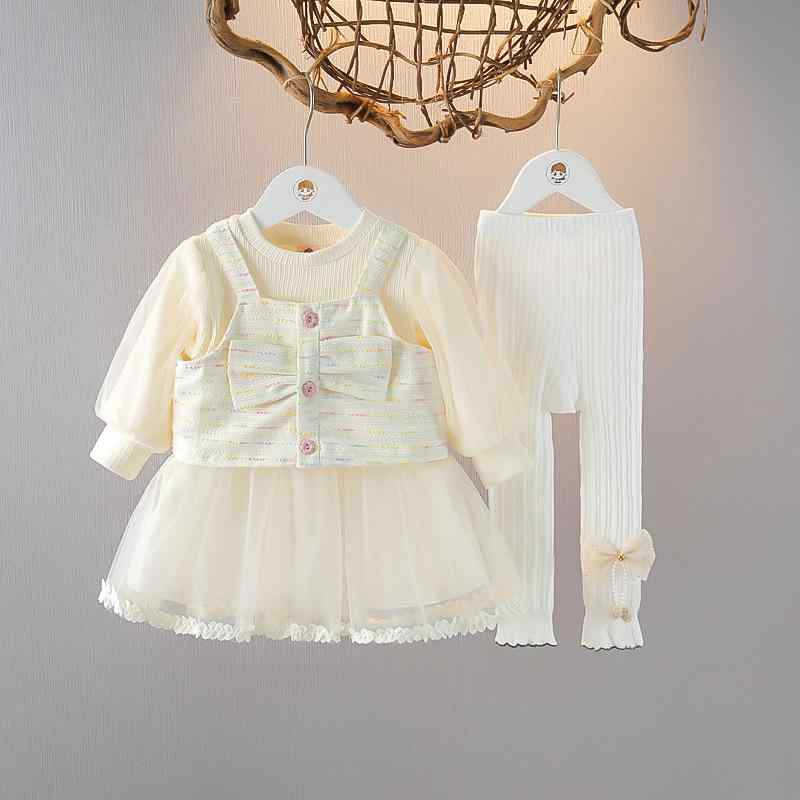 ドレス セットアップ ベビー 女の子 キッズ 1歳 2歳 3歳 幼児 長袖 チュールワンピース プリンセスドレス 3点セット 綿 コットン ピンク イエロー 秋冬 おしゃれ かわいい 上品 お出かけ お呼ばれ