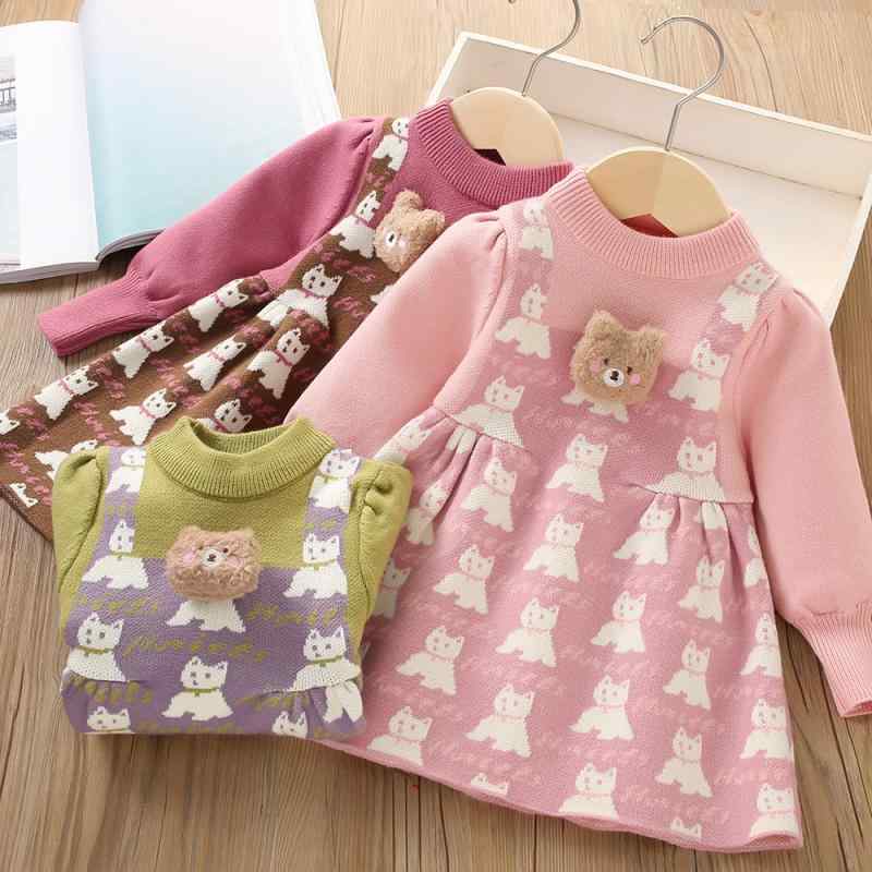 ワンピース 女の子 キッズ 子供 フェイクレイヤード 重ね着風 ニット セーター プリンセスドレス 長袖 キャラクター かわいい 韓国 秋冬 おしゃれ カジュアル お出かけ 通学