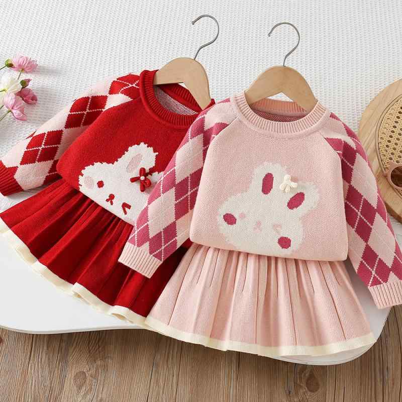 女の子 ニットスカートセット 秋冬 韓国 かわいい キャラクター うさぎ ひし形格子柄 長袖 セーター 柔らかい肌触り アクリル 普通地 普段使い ピンク レッド