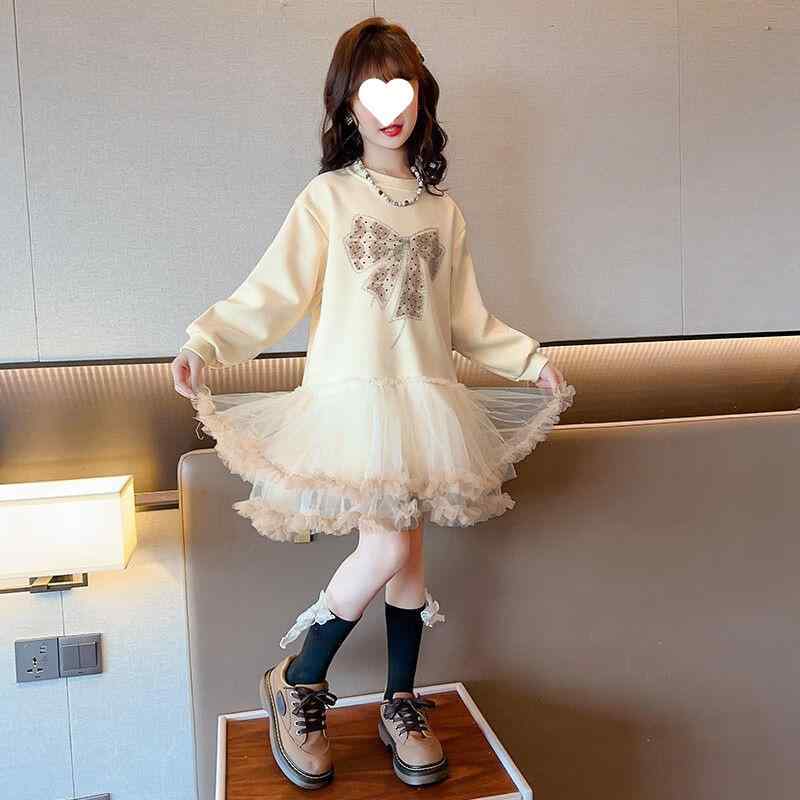 ワンピース 女の子 キッズ ジュニア 秋冬 裏起毛 フェイクレイヤード 重ね着風 スウェット 綿 おしゃれ アイボリー 韓国ファッション 長袖 普段使い 通学 Aライン