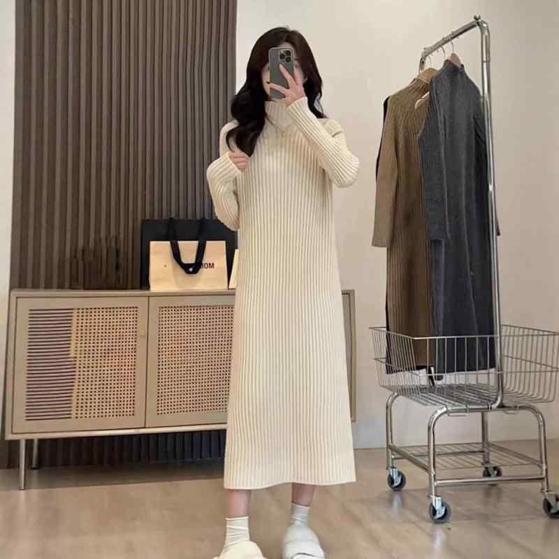 ニットワンピース レディース 韓国ファッション ハーフネック 長袖 ミドル丈 ゆったり 体型カバー ベーシック 切り替えデザイン 着回し力抜群 秋冬