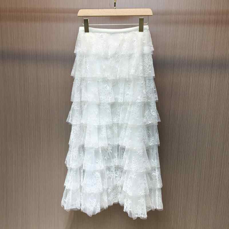 スカート レディース 春夏 エアリー感 レース 花柄 ロング丈 ティアード ふんわり フレア 透け感 レトロ クラシカル 伸縮性 ホワイト 白