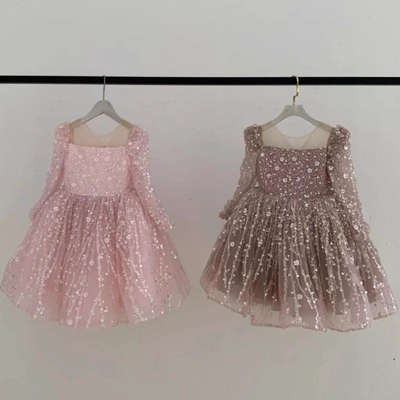ドレス キッズ 女の子 誕生日 発表会 結婚式 プリンセスドレス フォーマルドレス 長袖 スパンコール キラキラ ふわふわ ボリューム かわいい 上品 ピンク オフホワイト