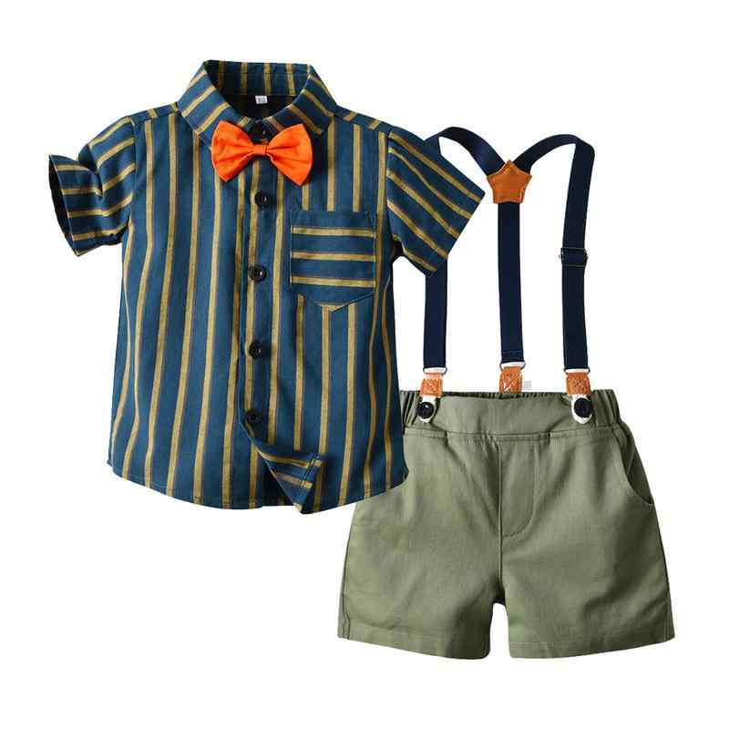 ベビー服 男の子 春夏 レトロ 韓国 ストライプ 半袖トップス オーバーオール ショートパンツ セットアップ 綿 柔らかい お出かけ 普段使い グリーン 緑