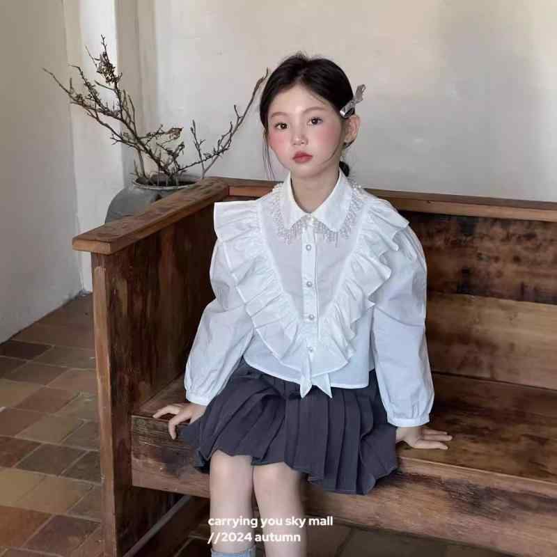 ブラウス 女の子 女児 キッズ 子供服 フリル襟 長袖 白 綿素材 秋冬 着回し抜群 カジュアル 通園 通学 小学生 ジュニア トップス