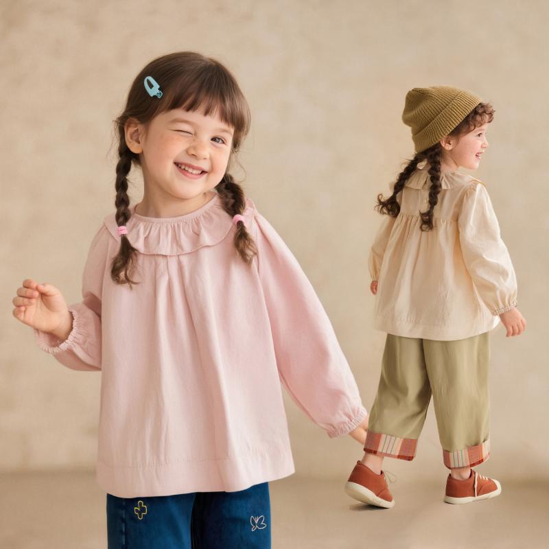 ブラウス 女の子 キッズ ガールズ フリル襟 ゆったり 長袖 コットン 綿 カジュアル かわいい 秋服 秋冬 子ども服 普段使い お出かけ着 ピンク オフホワイト イエロー