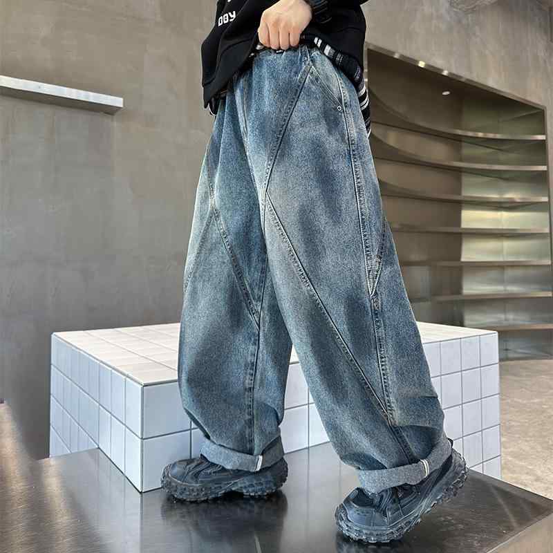 デニムパンツ 男の子 キッズ 春秋 ストレート ルーズ ゆったり カジュアル 韓国 中ウエスト ウエストゴム 綿 コットン 無地 ブルー ロングパンツ 普段着 通学 ジュニア