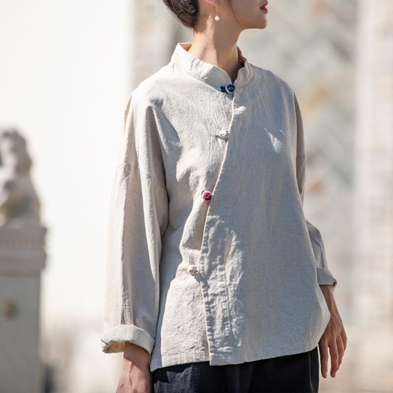シャツ レディース 女性用 綿麻 亜麻 スタンドカラー 切り替え 盤ボタン 長袖 漢服風 レトロ 瞑想 禅修スタイル ゆったり ホワイト ベージュ レトログレー 秋冬