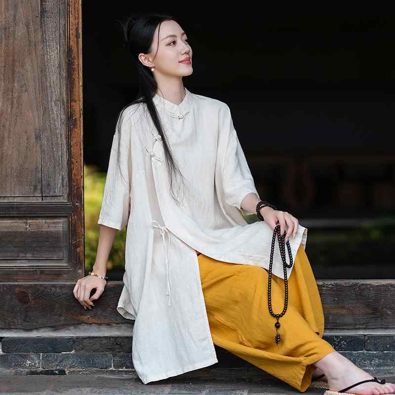 瞑想着 レディース 女性用 禅修服 仏教 禅スタイル 中華風 居士服 リネン 麻 薄手 テンセル麻 チャイナボタン 紐付き ストーンウォッシュ加工 春夏 部屋着 ルームウェア ホワイト ベージュ イエロー