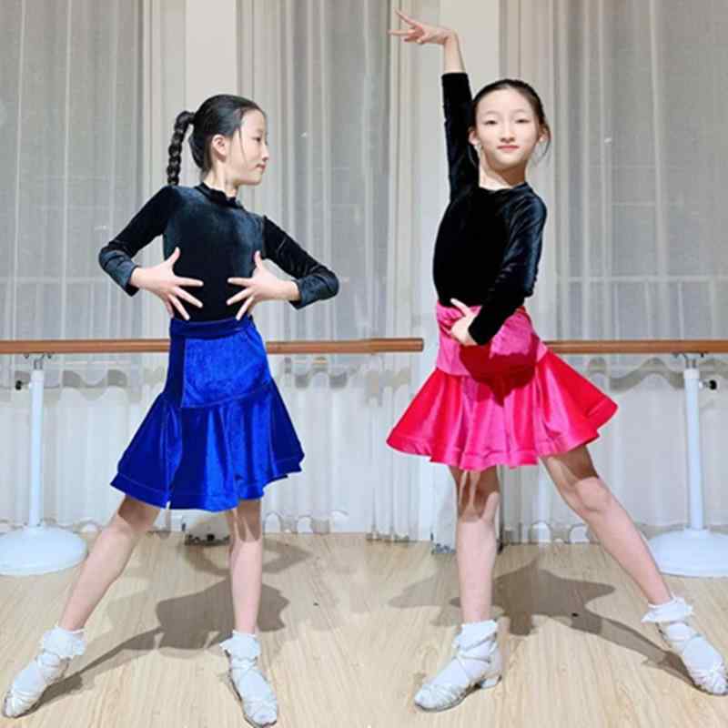 ラテンダンスウェア キッズ ガールズ ジュニア 女の子用 ベロア 長袖 スパンデックス ストレッチ 伸縮性 練習着 レッスン着 発表会 競技用 舞台衣装 セットアップ