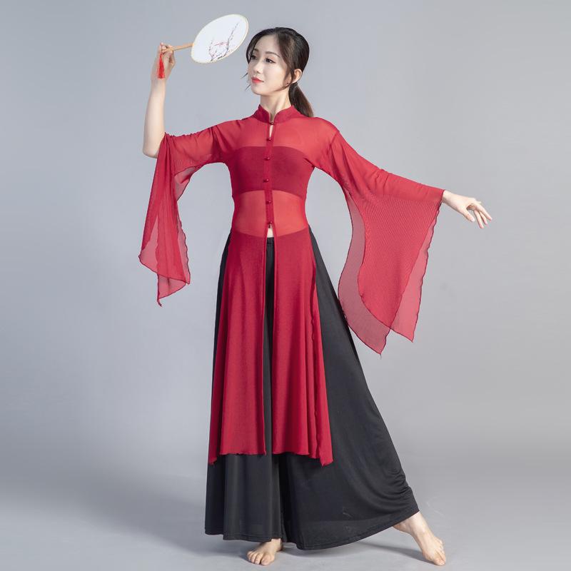 舞踊衣装 レディース 古典舞踊 練習用 レッスンウェア ステージ衣装 発表会用 中国風 広袖 仙女風 シアー トップス 伸縮性 秋冬