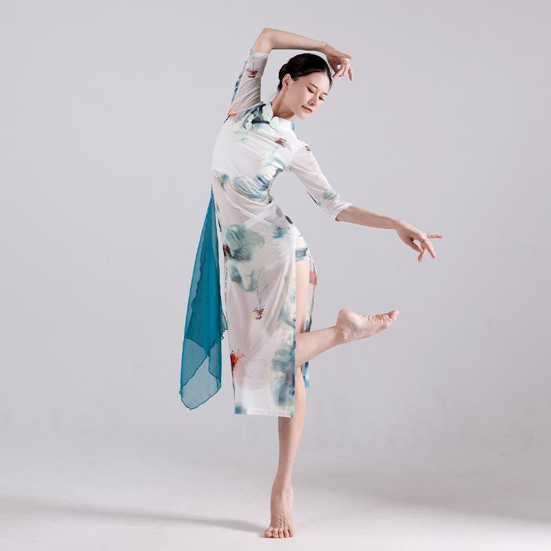 チャイナドレス レディース 春夏 立ち襟 水墨画風 プリント 優雅 ダンス衣装 発表会 舞台服 オリエンタルスタイル メッシュ スパンデックス ホワイト エレガント
