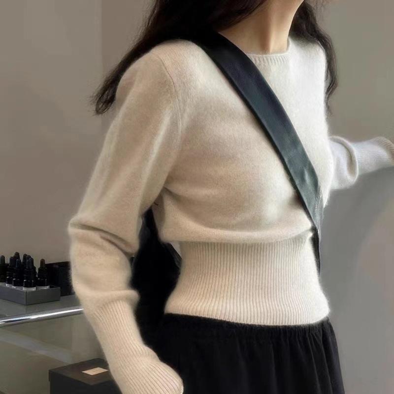 ニット レディース カシミヤ ウール ショート丈 ラウンドネック 長袖 ゆったり 着痩せ 小柄 低身長 秋冬 厚手 通勤 オフィス エレガント 上品