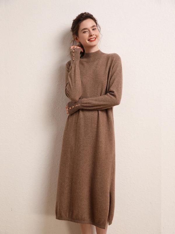 ワンピース レディース カシミヤ ウール ハイネック モックネック ニット ロング丈 Aライン 着痩せ 細見え フェミニン エレガント 上品 リブ編み プルオーバー 秋冬 パープル モカ ダークグレー｜おうち健康生活