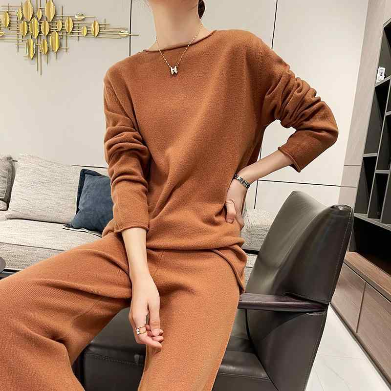 ニットセットアップ レディース 秋冬 ゆったり ウール カシミヤ混 ラウンドネック プルオーバー ワイドパンツ オフィスカジュアル 上品 きれいめ リラックス トップス ボトムス グレー ブラック キャメル ベージュ|おうち健康生活