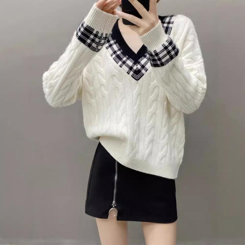 ニット レディース 秋冬 Vネック プルオーバー ゆったり カシミヤ ケーブル編み 切り替え デザイン 上品 長袖 リブ編み 中厚手 体型カバー 通勤 オフィス
