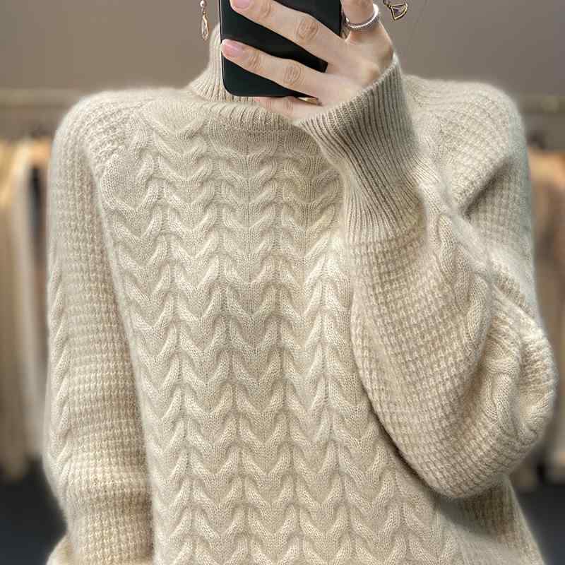 ニット レディース 秋冬 ウール カシミヤ ハイネック モックネック ゆったり ルーズフィット ケーブル編み アラン編み 厚手 あったか 柔らか ソフトタッチ インナー 重ね着 プルオーバー トップス|おうち健康生活