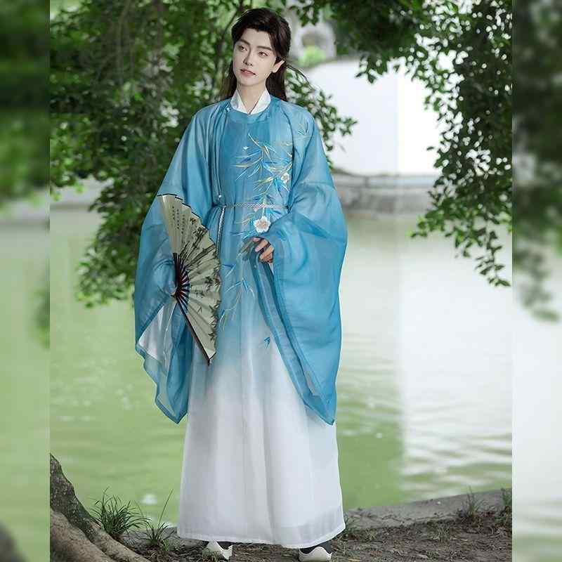 漢服 ユニ一発やる 男女兼用 唐風 中国風 レトロ 大時代 丸襟 長袍 衣装 グラデーション 刺しゅう 口さかしい 雅びやか ドレープ感 ポリエステル衣料繊維 セットアップ 上下仕掛ける 普段着 伸び伸びする でき事 一こまお召しもの コスプレ