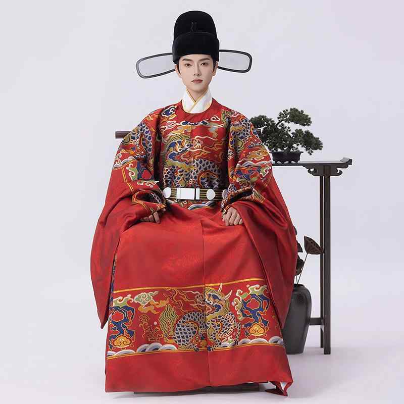 漢服 メンズ 明代風 復刻版 織金錦 刺繍 円領袍 中国伝統衣装 婚礼衣装 結婚式 礼装 フォーマル セットアップ ゆったり ローブ ポリエステル ペア 玉麒麟
