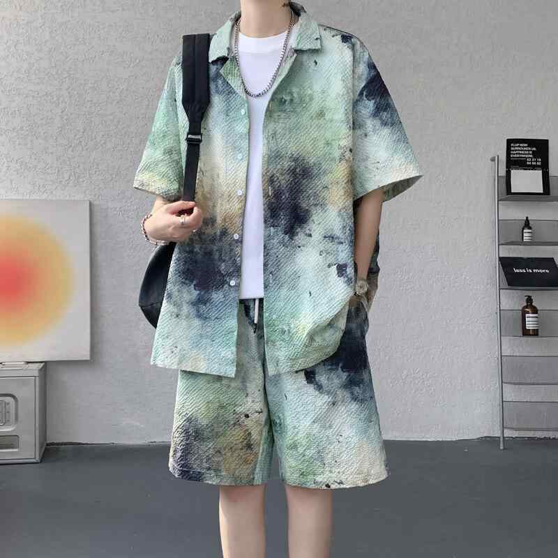 セットアップ メンズ 半袖 シャツ ショートパンツ 水墨画風 絞り染め エンボス加工 ゆったり カジュアル 普段使い 部屋着 リゾート 合成繊維 春夏 グレー ブラック イエロー グリーン