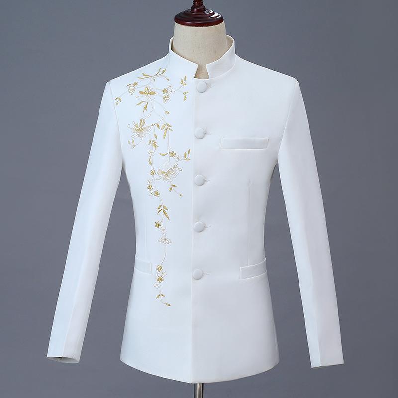 スーツ メンズ 男性用 礼服 中山服 セットアップ 刺繍 司会 ホスト 舞台衣装 発表会 宴会 パーティー 結婚式 ポリエステル スタンドカラー 立ち襟 スリム 細身 大人 ミドルエイジ
