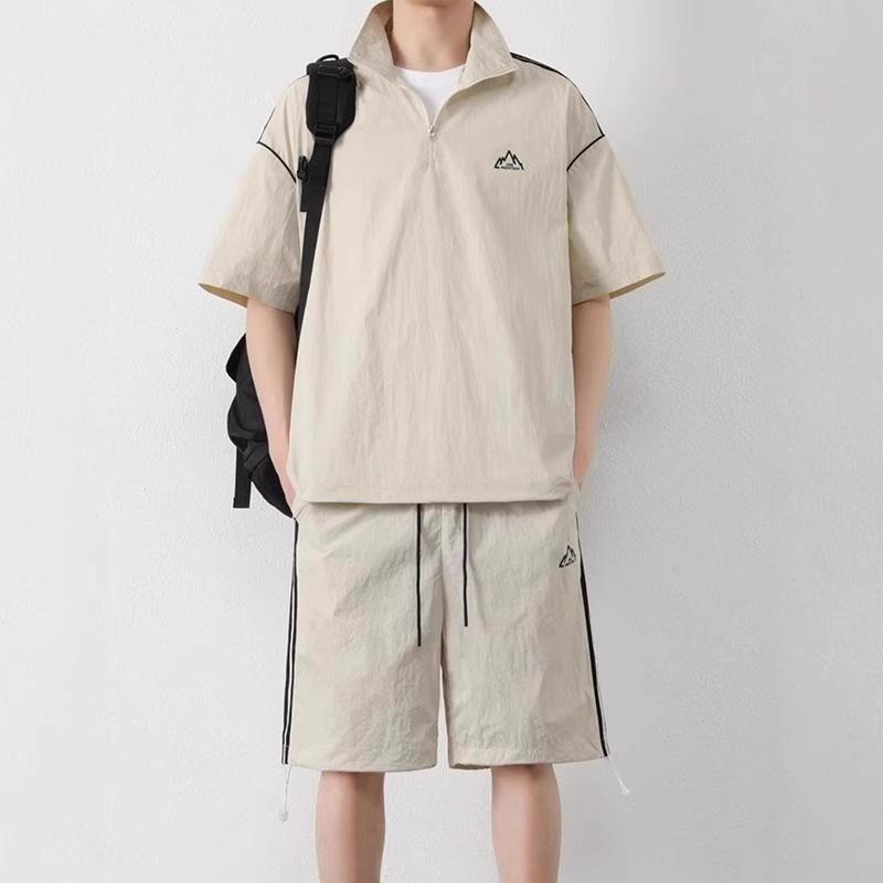 メンズ セットアップ アメリカン ストライプ柄 半袖 Tシャツ ショートパンツ ハーフパンツ ゆったり リラックスフィット ビッグシルエット 速乾 吸汗速乾 薄手 ポリエステル タスロン生地 夏 サマー カジュアル 普段使い 部屋着 アウトドア