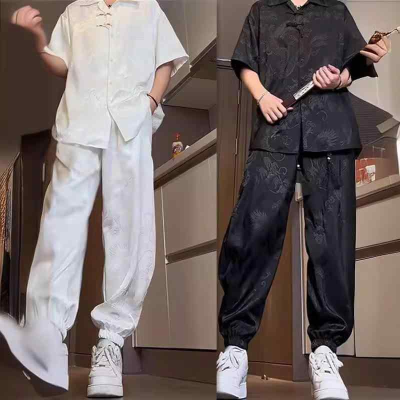 セットアップ メンズ 中国風 ネオチャイナ 半袖 トップス ゆったり ルーズフィット ジョガーパンツ ロングパンツ 裾絞り カジュアル リラックス 普段使い 春夏 ポリエステル 白 黒