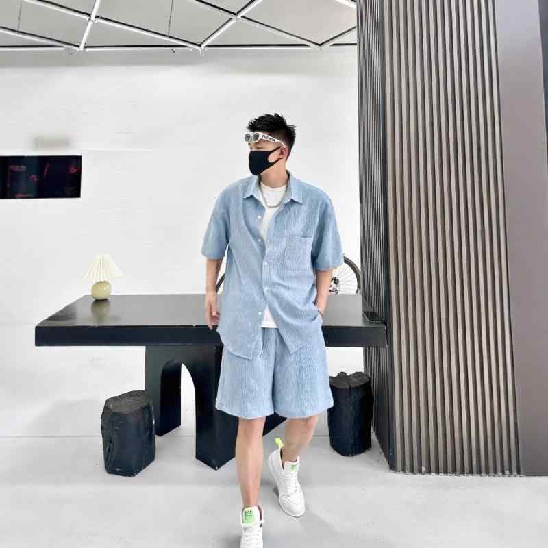シャツ メンズ 半袖 ショートパンツ 上下セット シンプル カジュアル 高級感 ウエストゴム ポリエステル素材 普段使い リラックスウェア 夏 カーキ ブラック ブルー 男性用 ツーピース