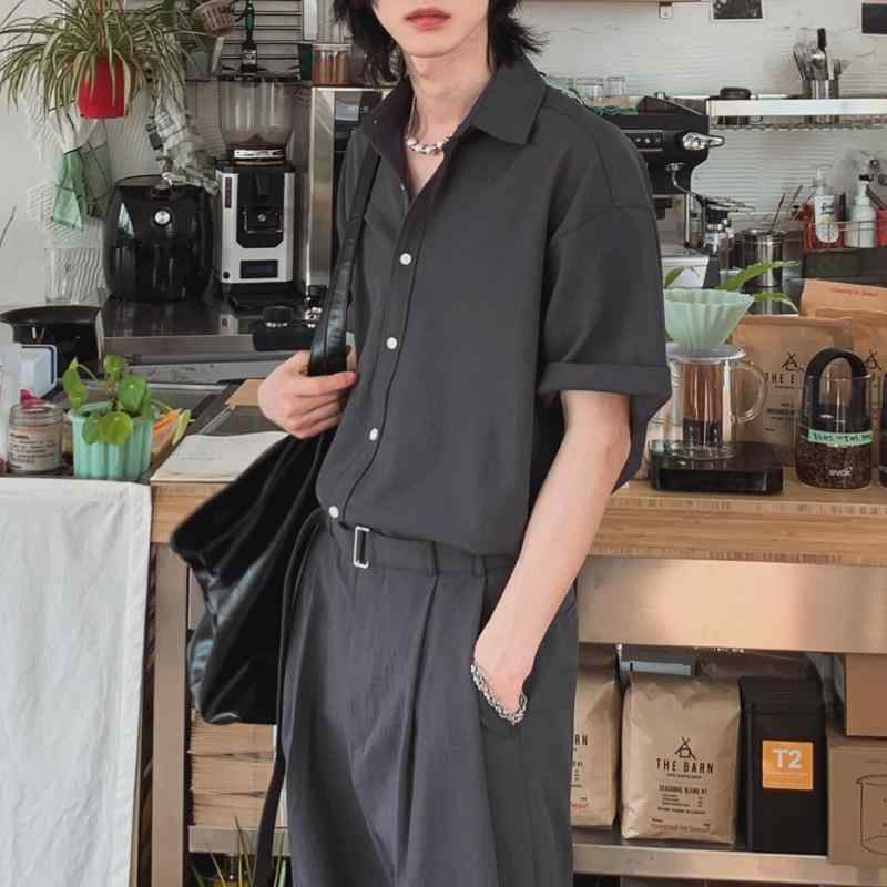 カジュアルセットアップ メンズ 韓国 半袖シャツ ロングパンツ ゆったり 楽ちん 薄手 ポリエステル 麻 綿 混紡 夏 普段使い 通勤 ルームウェア