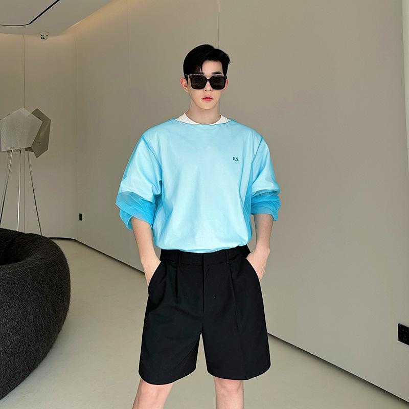 Tシャツ メンズ 長袖 クルーネック ポリエステル メッシュ トップス 薄手 透け感 通気性 ゆったり ビッグシルエット 韓国ファッション 普段使い カジュアル 春夏