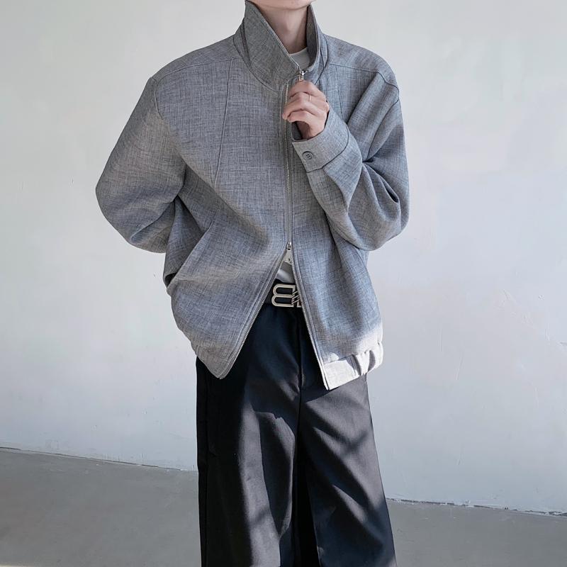 ジャケット メンズ 男性用 スタンドカラー ショート丈 アウター ブルゾン 春秋 通勤 ビジネス オフィス カジュアル 普段使い シンプル エレガント 上品 高級感 着回し抜群 グレー ポリエステル混紡