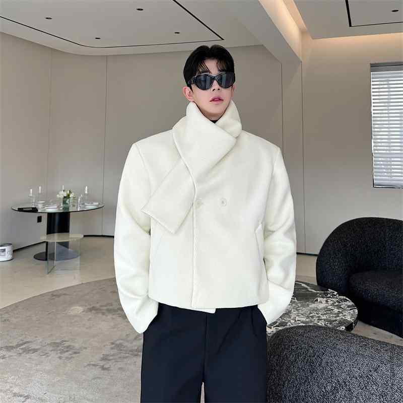 コート ユニセックス スカーフ襟 ショート丈 ダブルボタン 厚手 上質 ウール調 ゆったりシルエット 韓国 無地 デイリーユース 秋冬アウター｜おうち健康生活 7,729円