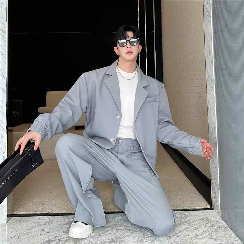 セットアップ メンズ ビジネススーツ カジュアル 韓流 ショート丈ジャケット ストレートパンツ 2点セット 春秋 シンプル スタイリッシュ ポリエステル ブラック グレー