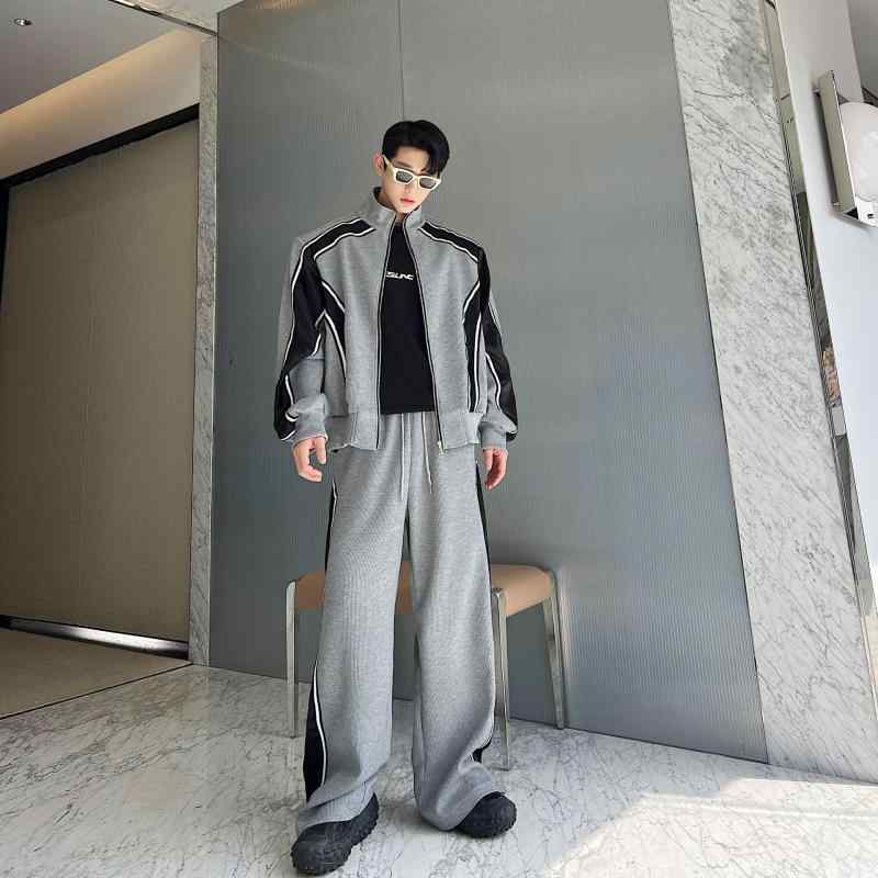 メンズ セットアップ 韓国 トレンド ワッフル 切り替え ストライプ スウェット ワイドパンツ ゆったり ルーズフィット カジュアル スポーツウェア 普段使い 部屋着 ポリエステル ブラック グレー 春夏