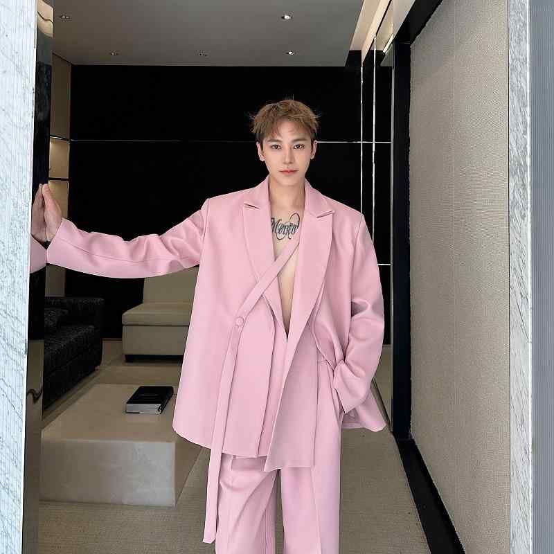 セットアップ ユニセックス カジュアル 韓国 ゆったり ルーズフィット ダブルカラー タイベルト テーラードジャケット スラックス 再生繊維 春夏 ホワイト ピンク グリーン