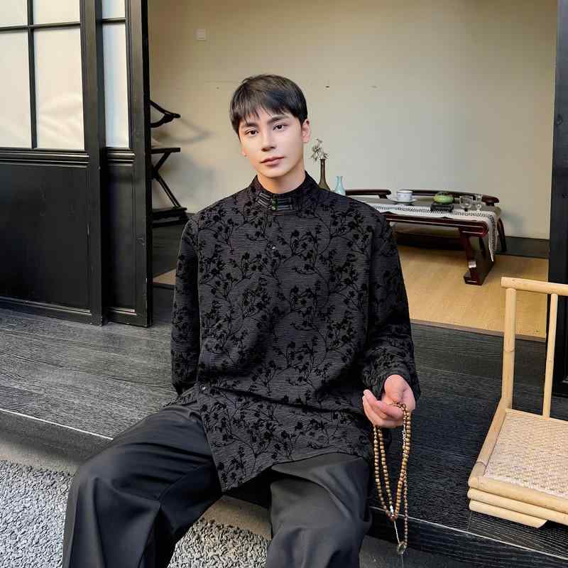 シャツ メンズ 男性用 中国古風 ネオチャイナ チャイナシャツ フロッキー ジャカード織り スタンドカラー チャイナボタン 斜め襟 ポリエステル混紡 ゆったり ルーズフィット 春秋 カジュアル 黒