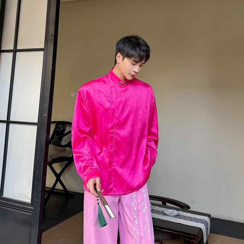 メンズ シャツ 漢服風 立ち襟 マンダリンカラー 斜め襟 ジャガード織り 光沢サテン ポリエステル 長袖 ゆったり 薄手 蛍光ローズレッド 蛍光ピンク パーティー カジュアル 春夏