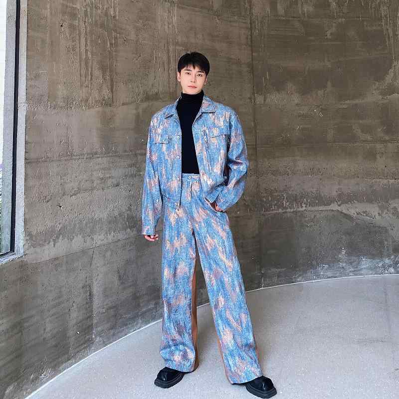 セットアップ メンズ 男性用 ストリート系 デニム ワークジャケット ワイド ルーズ ロングパンツ ダメージ加工 ヴィンテージ風 グリッタースパンコール シャイニー カジュアル 春秋