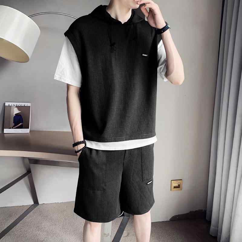 セットアップ メンズ 半袖 Tシャツ ショートパンツ 短パン ポリエステル ワッフル フェイクツーピース フード付き ゆったり 薄手 韓国 カジュアル 夏 普段使い