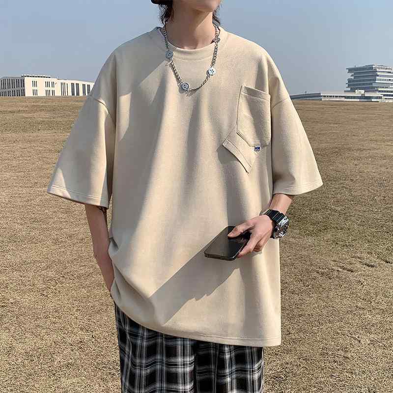 Tシャツ メンズ 男性用 フェイクスエード調 半袖 七分袖 ゆったり 大きいサイズ ビッグシルエット クルーネック トレンド カジュアル 普段使い ポリエステル素材 ブラック ホワイト ベージュ ブラウン カーキ ブルー