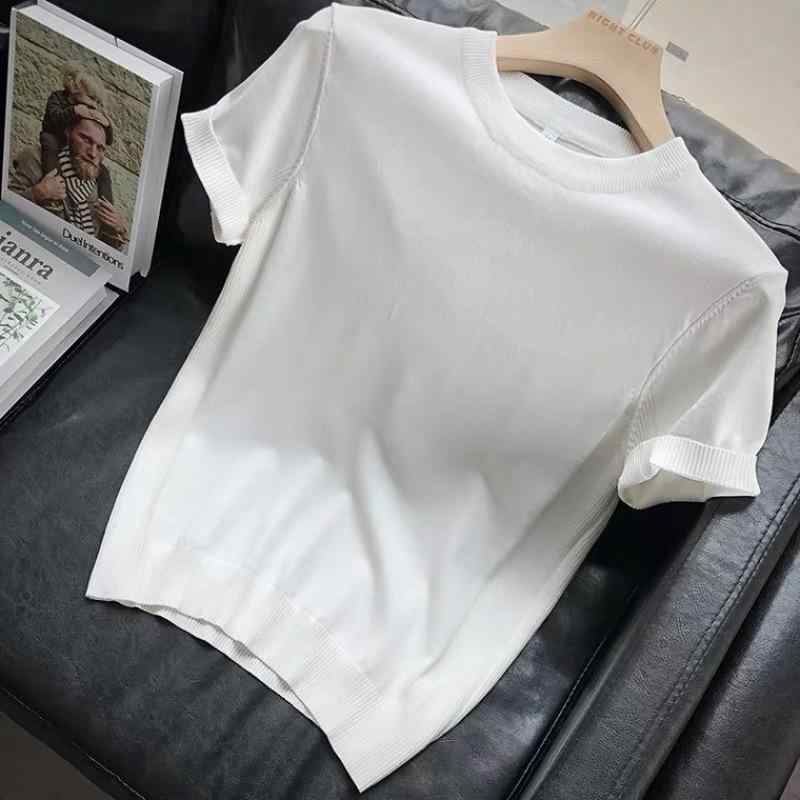 Tシャツ メンズ サマーニット クルーネック スリムフィット 薄手 コットン トップス 涼しい 普段使い カジュアル 男性用 ホワイト ブラック グレー