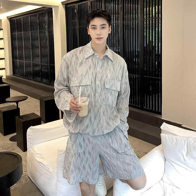 セットアップ メンズ 男性用 ツーピース 春夏 レトロ ヴィンテージ風 文芸風 アート風 水墨画風 シワ加工 プリーツ 長袖シャツ トップス 五分丈パンツ ハーフパンツ ポリエステル カジュアル リラックス 普段使い 30代 40代