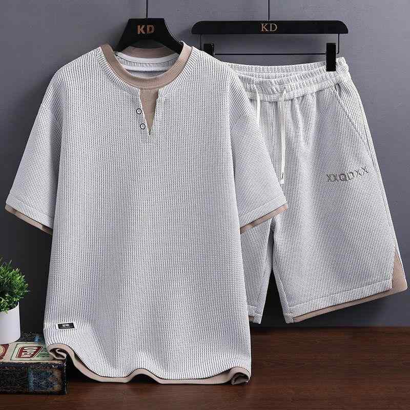 セットアップ メンズ ワッフル生地 半袖Tシャツ ハーフパンツ 上下2点セット ゆったり 薄手 カジュアル ルームウェア スポーツ 部屋着 ポリエステル素材 普段使い レジャー 男性用