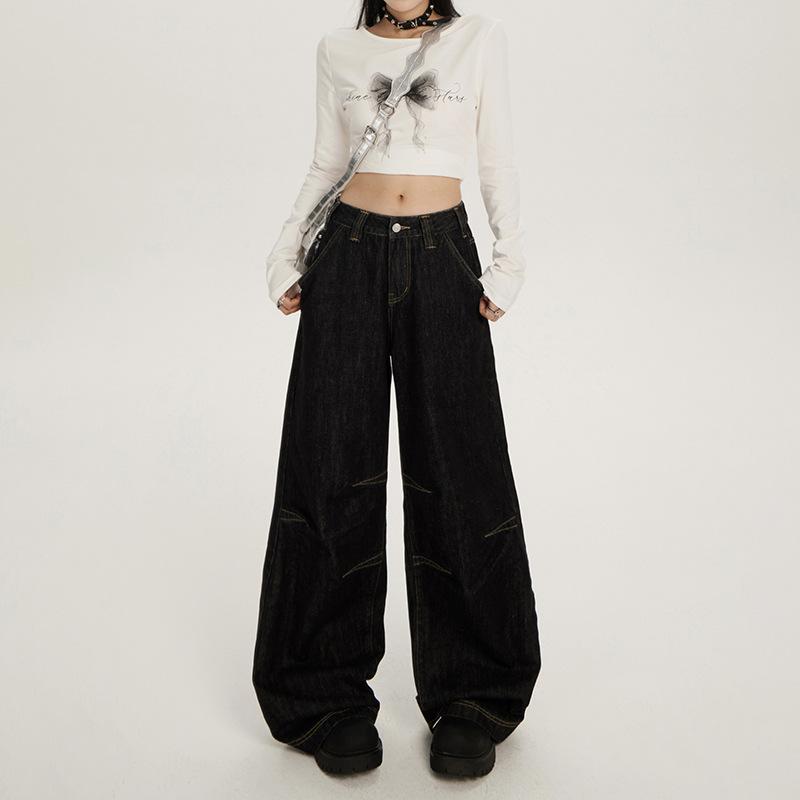 デニムパンツ レディース アメリカンヴィンテージ風 レトロ ハイウエスト ワイドストレート ロング丈 ゆったり 細見え 綿混 カジュアル ストリート 秋冬