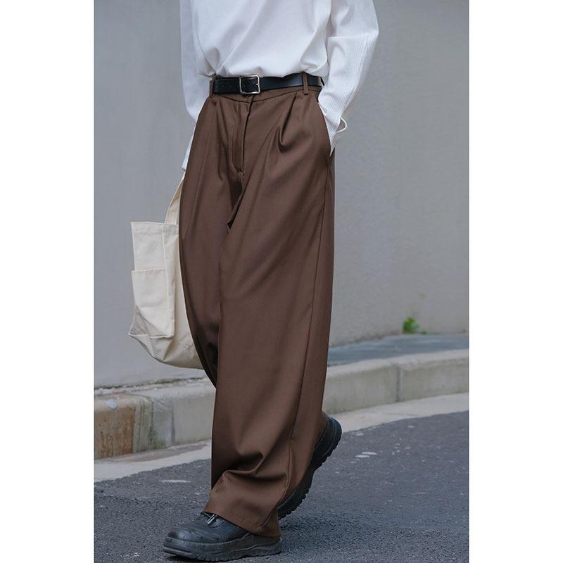 パンツ 男女兼用 ユニセックス スラックス ワイド ルーズ ストレート ドレープ感 落ち感 ノンアイロン シンプル レトロ カジュアル 着回し 普段使い 通勤 ポリエステル 春秋